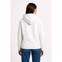 Kadın Sokak Stili Beyaz Üç İplik Kapüşonlu Kanguru Çepli Hoodie S