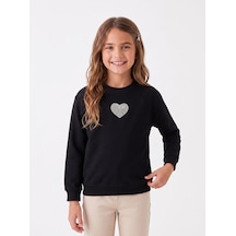 Onloox Kız Çocuk Siyah Kız Çocuk Siyah Pamuklu Bisiklet Yaka Regular Kalıp İnci Taşlı Kalp Desenli Sweatshirt 9-14 Yaş