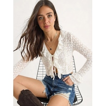 Shade Kadın V Yaka Bağlamalı Önü Fırfırlı Transparan Dantel Crop Bluz 1033 60283939 - Beyaz