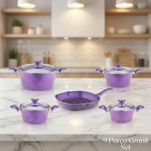 9 Parça Granit Set Cam Kapak - Violet Çok Renkli