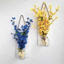 Led Işıklı, Sarı Ve Mavi Sakura Çiçekli Duvar Dekoru Beyaz İkili Set Beyaz