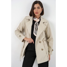 Hiccup Bdart Kısa Kemerli Polyester Trençkot, Gömlek Yakalı Bej Doğal
