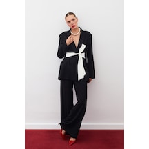 Sateen Beli Kuşaklı Uzun Ceket - Siyah