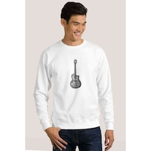 Drawing Classic Guitar Baskılı Beyaz Erkek Örme Sweatshirt