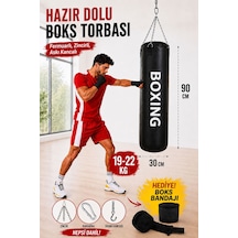 Boxing 90 Cm Yetişkin Model Hazır Dolu Boks Torbası Ve Zinciri - Hediye Boks Bandajı Siyah