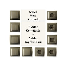Ovivo Mina Antrasit 5 Adet Komütatör + 5 Adet Topraklı Priz