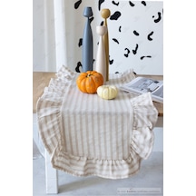 Bej Çizgili 40x125 Cm Vintage Fırfırlı %100 Keten Pamuklu Amerikan Runner Bej