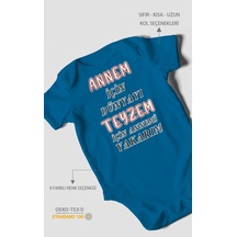 Annem İçin Dünyayı Teyzem İçin Annemi Yakarım Baskılı Bebek Zıbını %100 Pamuk Kısa Kol Koyu Mavi