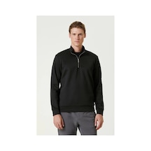 Erkek 3 İplik Pamuklu Uzun Kol Yarım Farmuarlı Yakalı Sweatshirt - Siyah