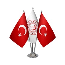 Masa Üstü Aile Bakanlığı Bayrağı Türk Bayrağı Üçlü Krom Direk Mas