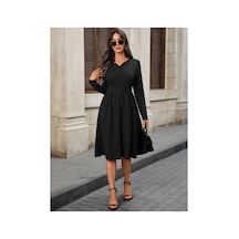 Butik İstanbul Kadın Uzun Kollu V Yakalı Cepli Midi Ithal Krep Elbise Siyah