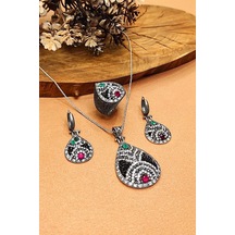 Kadın 925 Ayar Gümüş Set Zirkon Taşlı Kolye Küpe Yüzük Aks-2059