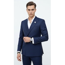 Plus Scorpion Gold Düğmeli Kruvaze Erkek Blazer Ceket Premium Kumaş, Slim Fit Şıklık Açık Lacivert
