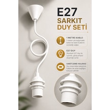 E27 Rozanslı Kablolu Sarkıt Avize Duyu 1 Metre Beyaz Askı Takımı Tam Dişli Rondelalı