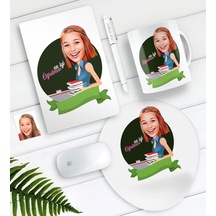 Kişiye Özel Bayan Öğretmen Karikatürlü Defter Kalem Kupa Mouse Pad Seti-6