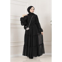 Sevitli Robalı Manolya Şifon Elbise-siyah-5788
