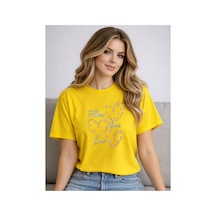Herkesemoda Follow You Love Baskı Detaylı Kadın Bisiklet Yaka Pamuklu T-shirt Sarı