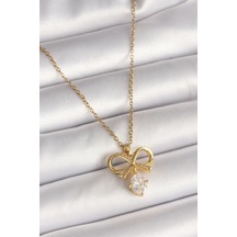 316l Çelik Gold Renk Zincir Zirkon Taşlı Kurdele Model Kadın Kolye - Tj-bko9960 Gümüş