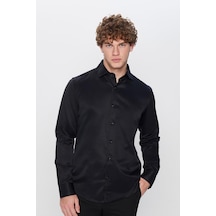 Tudors Slim Fit Dar Kesim Uzun Kollu Önden Kulplu Düz 4 Mevsim Erkek Gömlek-31320 Siyah