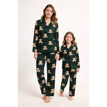 Free Beka Lacivert Kareli Ve Ayıcık Desenli Uzun Kollu Önden Düğmeli Gömlek Yaka Anne Kız Pijama Takımı Kombin Yeşil