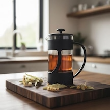 350 Ml French Press Filtre Kahve Ve Bitki Çayı Demleme Kupası Metal Filtreli, Isıya Dayanıklı, Portatif Siyah Demlik İç Hazne Sert Kristal Mikadandır Cam Değildir Açık Bej