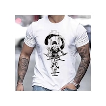 Caddemia Yaz Moda Rahat Spor Gevşek Japon Samuray Desen Baskılı Yuvarlak Yaka Kısa Beyaz 2XL