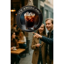 Ice Americano Temalı Yuvarlak Cafe Tabelası, Jüt İpli Ahşap Duvar & Kapı Dekoru, Barista Tarz Süs