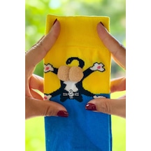 Lousocks Unisex Sarı Mavi Renk Bloklu Kedi Desenli Ponpon Soket Çorap