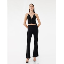Koton Viskon Karışımlı Taş Detaylı Slim Fit İspanyol Paça Pantolon Siyah 5sak40030uk