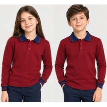 Nzy Lacivert Çizgi Yaka Bordo Uzun Kol Kız Ve Erkek Çocuk T-shirt