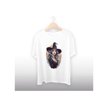 Halloween Konseptli Cadı Unisex Tişört Beyaz