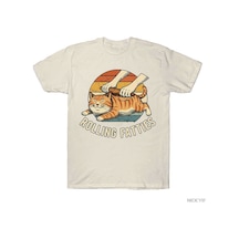 Flood Of Style Kedi Rolling Fatties Komik T-shirt Erkekler Kadınlar Için % 100% Pamuk T Shirt Kısa Kollu Üst Bej