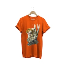 Avcılık Avcı Köpeği Ve Tavşan Baskılı Orman Temalı %100 Pamuk Regular Fit Turuncu T-shirt Turuncu