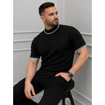Barlashive Erkek Fitilli Triko Dokuma Kısa Kol Tişört Yarım Boğaz Modern Yazlık T-shirt - Siyah Çok Renkli
