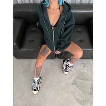 Barlashive Kadın 3 İplik Pamuklu Kapüşonlu Kanguru Cepli Baskılı Oversize Hoodie Sweatshirt - Haki Çok Renkli