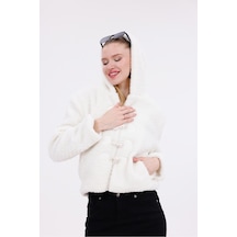 Kapüşonlu Düğmeli Peluş Mont - Kadın Beyaz