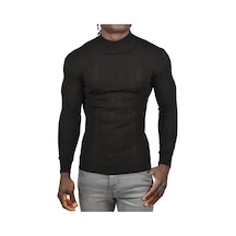 Deepsea Erkek Siyah Yarım Balıkçı Yaka Çizgili Tüylenmeyen Slim Fit Triko Kazak 2505491 Siyah