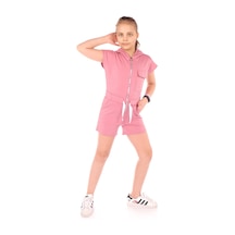 Toontoy Kids Toontoy Kız Çocuk Kapüşonlu Fermuarlı Cepli Kısa Kol Kısa Tulum - Bağcık Detaylı Gül Kurusu