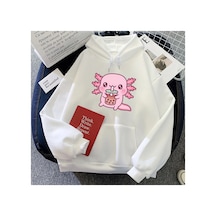 Tarzsokak Beyaz Axolotl Yeme Kabarcık Boba Süt Çay Hoodieskarikatür Grafik
