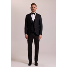 Ysf Erkek Siyah Damatlık Slim Fit Kırlangıç Yaka Desenli