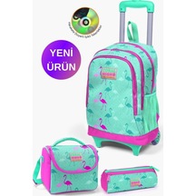 Kids Su Yeşili Neon Pembe Flamingo Desenli Çekçekli 3'lü Çanta Seti Goset0123131 Su Yeşili Neon Pembe Flamingo Çok Renkli