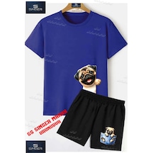 Ss Sinser Çocuk Unisex Kopek Pug Yandan Yarim Özel Baskılı Bisiklet Yaka Tişört - Şort Alt - Üst Çocuk Takım Renk:mavı/sıyah