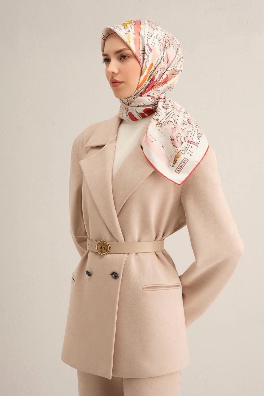 Armine Obje Desenli Saf İpek Twill Eşarp 9349d 32 Turuncu