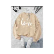 Herkesemoda Love Yazı Baskılı Bisiklet Yaka İçi Polarlı Sweatshirt Bej