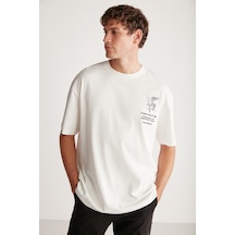 Grımelange Alonzo Erkek Oversize Fit %100 Pamuk Nakışlı Ve Baskılı Ekru T-shirt Ekru
