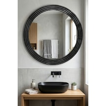 Zümrüt Ahşap Siyah Yuvarlak Ayna Işlemeli Duvar Banyo Aynası 43cm Siyah