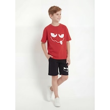 Fyk Kids Yuvarlak Yakalı Yazlık Sevimli Emoji Baskı Detaylı Kaprili Erkek Çocuk Alt Üst Takım Kırmızı