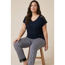 Siyah İnci Desenli Büyük Beden Battal Boy Viskon Örme Pijama Takım 26119511 Lacivert