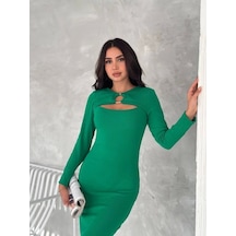 Kadın Uzun Kollu Halka Ve Pencere Dekolte Detay Fırsat Ürün Midi Boy Elbise Yeşil