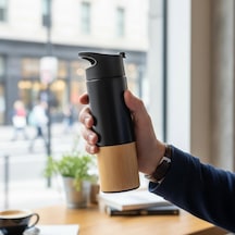 450 Ml Bambu Kaplamalı Çelik Termos - Siyah, Mavi Ve Kırmızı Renk Seçenekli Sızdırmaz Isı Yalıtımlı Seyahat Termosu Siyah Çok Renkli